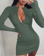 Women Zip Knitted Turtleneck Skinny Club Long Sleeve Rib Mini Dress Autumn Sexy Green Size M