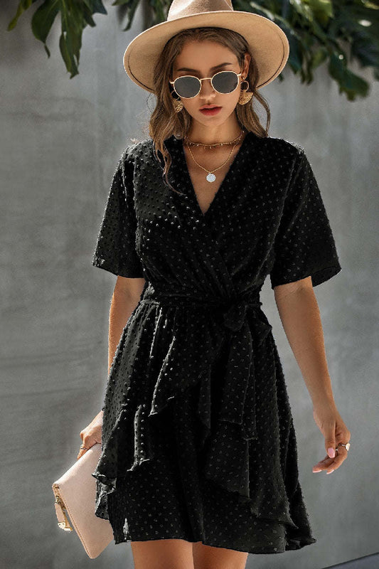 V Neck Ruffled Hem Wrap Dress