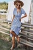 Women V Neck Short Sleeve Button Striped Ruffled Midi Shirt Dress