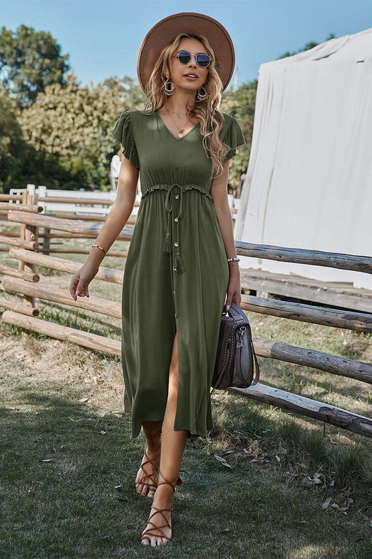 Women V Neck Ruffled Short Sleeve Solid Button Tie Waist Slit Midi Dress