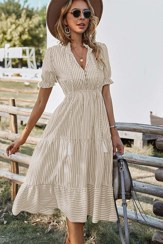 Women V Neck Short Sleeve Button Striped Ruffled Midi Shirt Dress