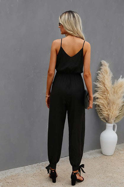 V Neck Spaghetti Strap Solid Jumpsuit