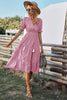 Women V Neck Short Sleeve Button Striped Ruffled Midi Shirt Dress