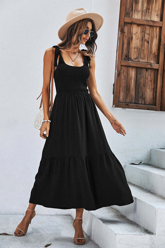 Square Neck Tie Straps Solid Maxi Dress