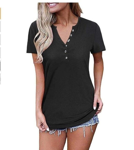 V-Neck Button Causal Tops Blouse T Shirt