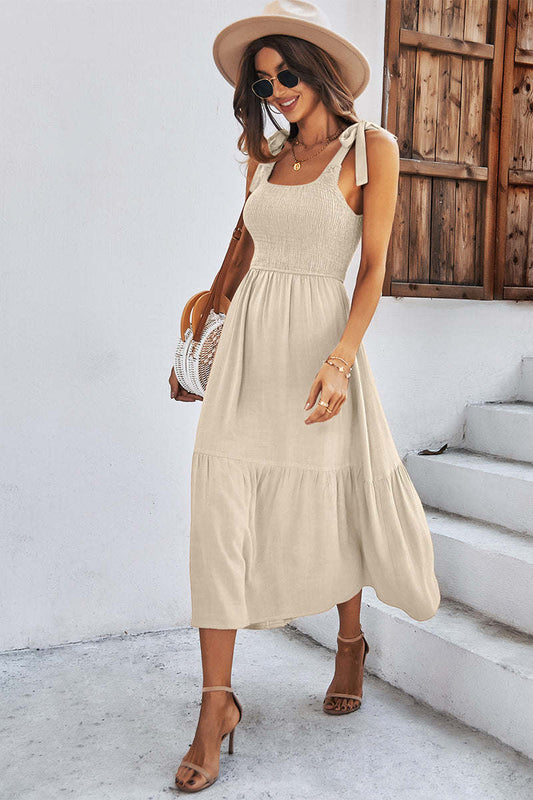 Square Neck Tie Straps Solid Maxi Dress