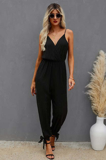 V Neck Spaghetti Strap Solid Jumpsuit