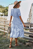 Women V Neck Short Sleeve Button Striped Ruffled Midi Shirt Dress