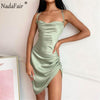 Nadafair Ruched Satin Mini Sexy Dress Woman Back Bandage Off Shoulder Silk Spaghetti Strap 2022 Summer Club Party